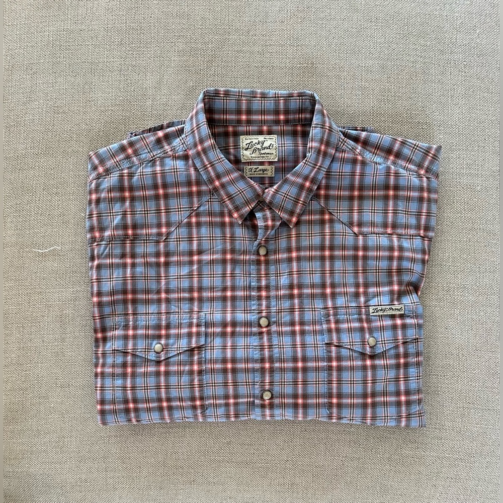 LUCKY BRAND Check Print Snap Front Patch Pocket Chores Shirt Size XL
